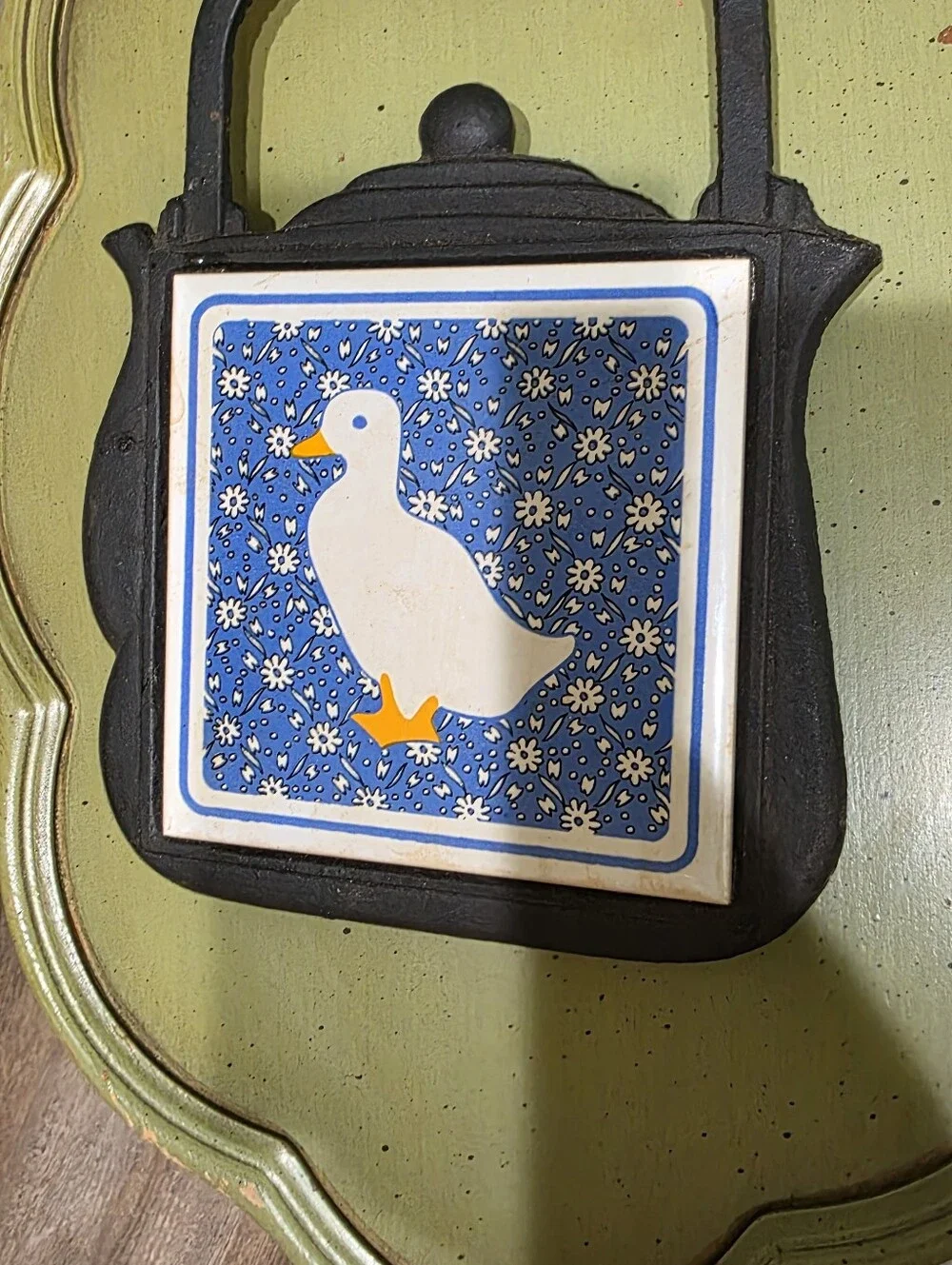 Vintage Cast Iron Decorative Black Bird Teapot Wall Plaque with Blue Duck Tile